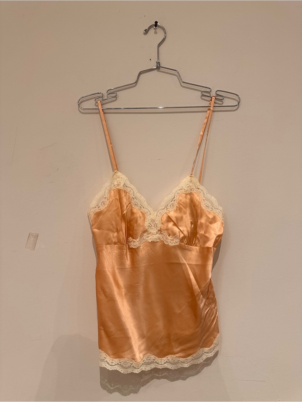 Satin Lace-Trim Chemise Cami in Peach with Cream Lace